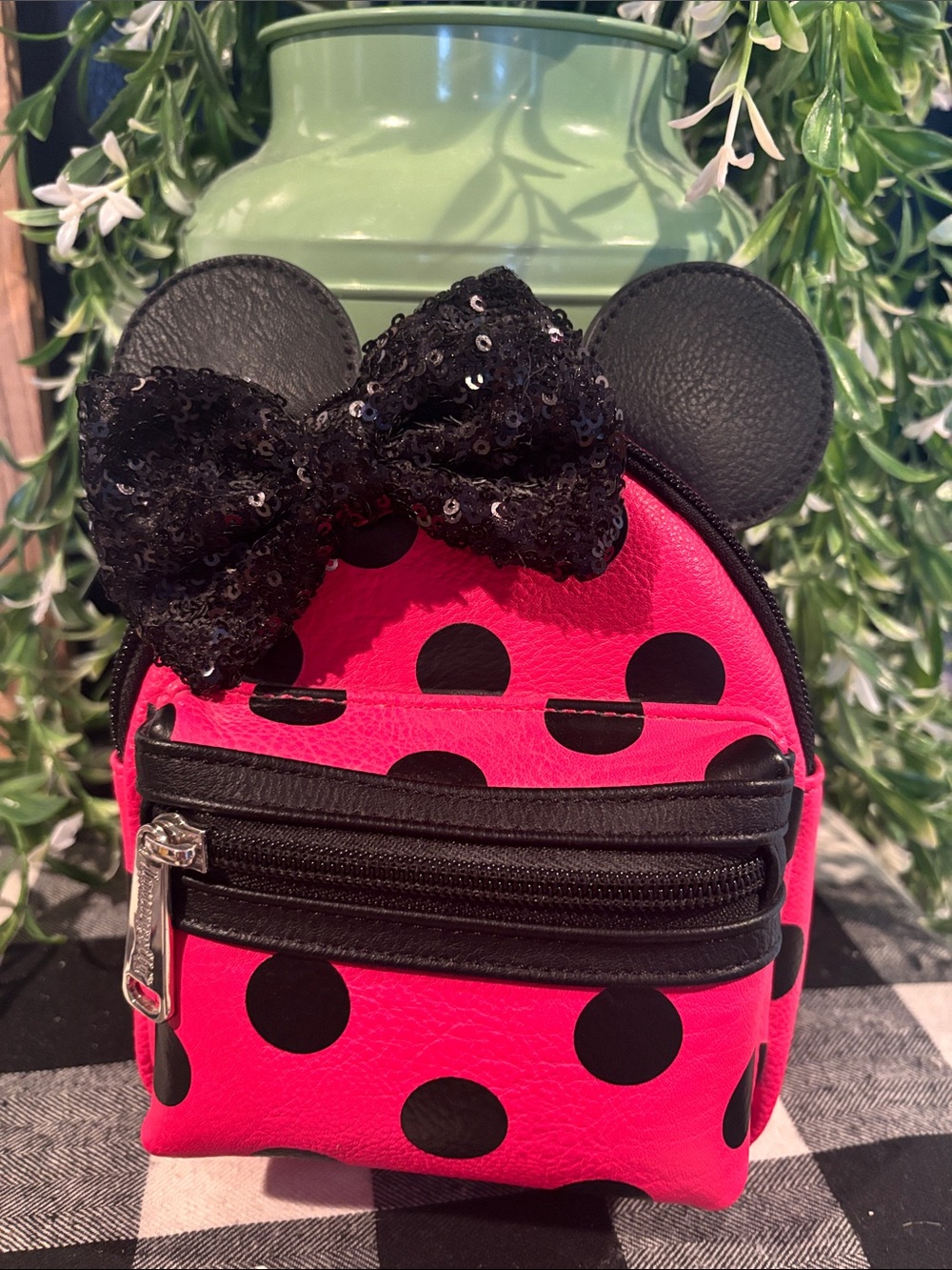 Loungefly Pink and Black Polka Dot Minnie Ear Mini Backpack - Picture 1 of 5